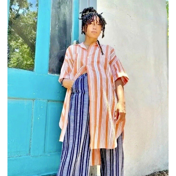 Lemlem x H&M Tunic Oversized Kaftan Shirt Dress Size M/L Striped Orange Beach - Picture 2 of 16